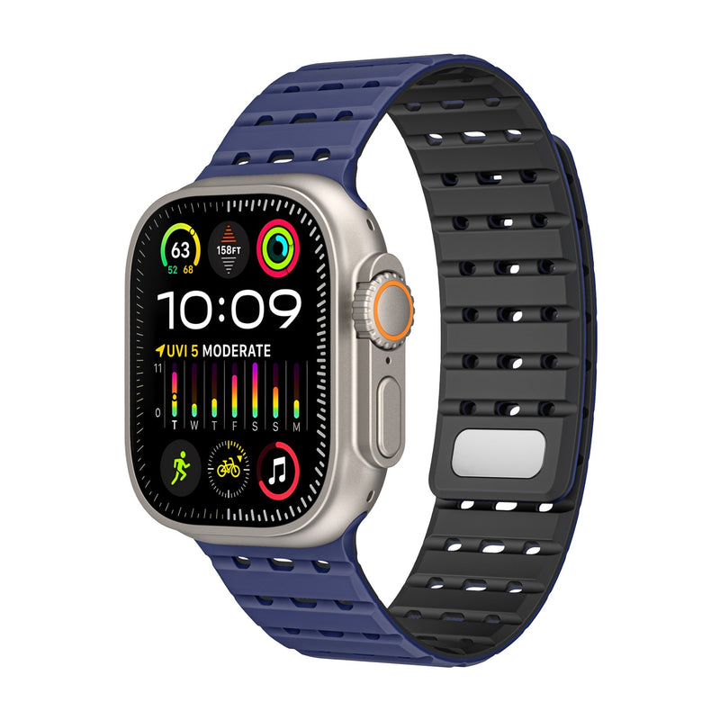 Bracelet silicone bleu et noir perforé, ajustable pour Apple Watch, style sportif et résistant à l'eau.