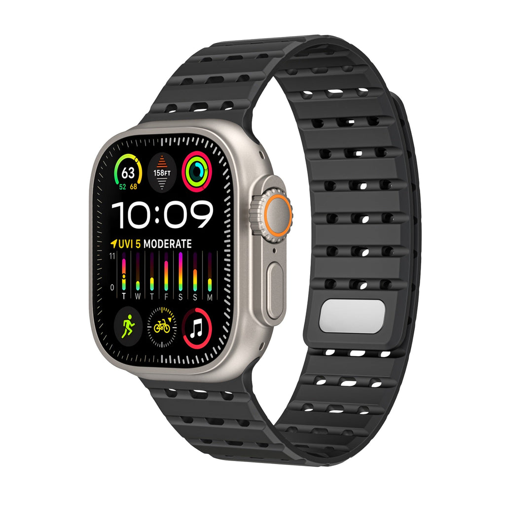 Bracelet en silicone noir perforé, ajustable, style sportif pour Apple Watch, résistant à l'eau.