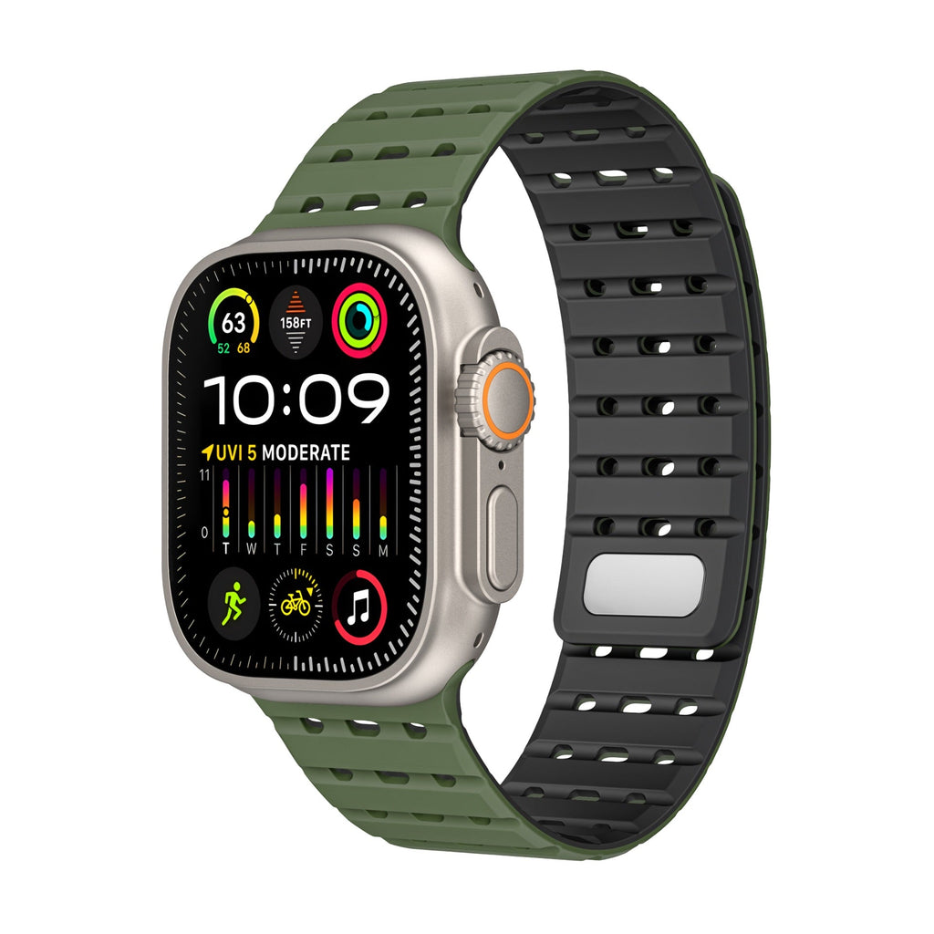Bracelet en silicone kaki et noir sport, perforé, ajustable pour Apple Watch 38-42 mm.