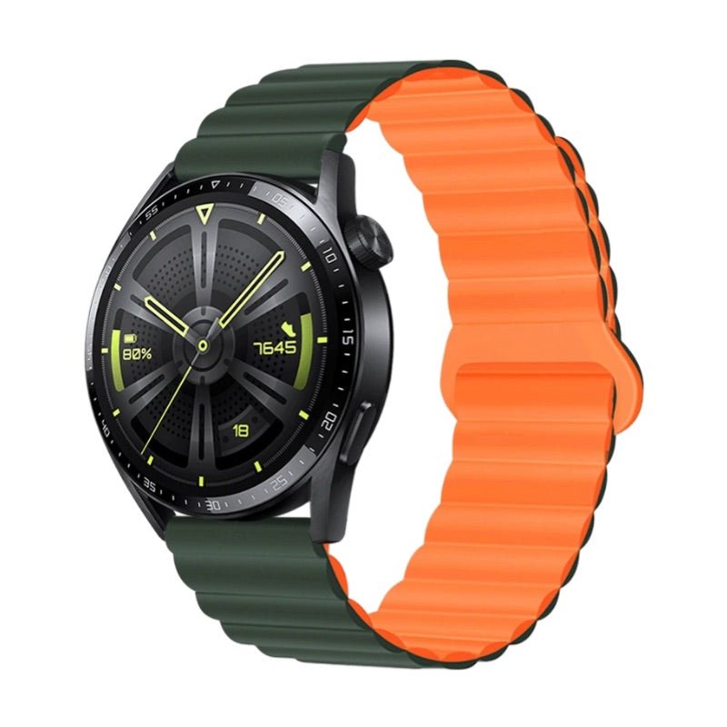 Bracelet silicone bicolore vert foncé et orange avec fermoir magnétique pour Huawei Watch Visco.