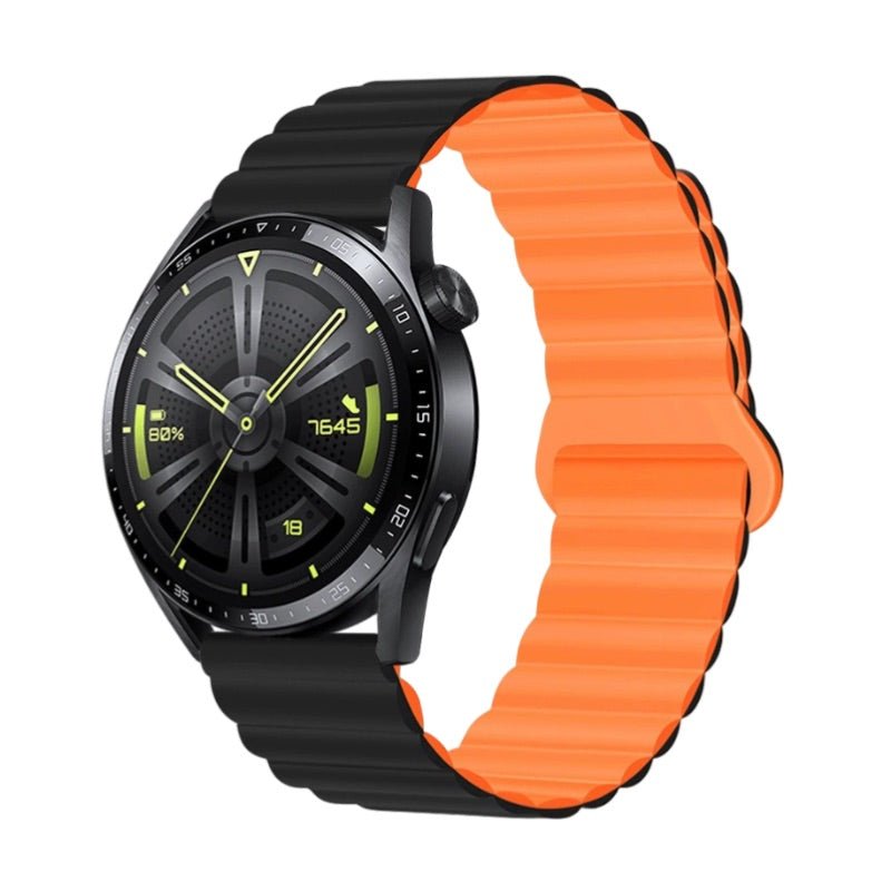 Bracelet silicone à nervures, noir extérieur et orange intérieur, fermoir magnétique pour Huawei Watch Visco.