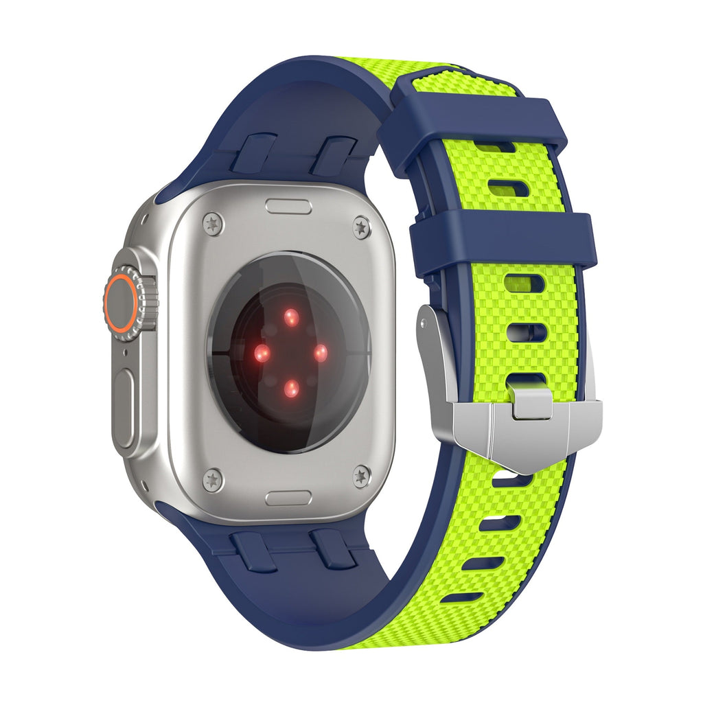 Bracelet en silicone bleu et vert pour Apple Watch, ajustable, boucle argentée robuste.