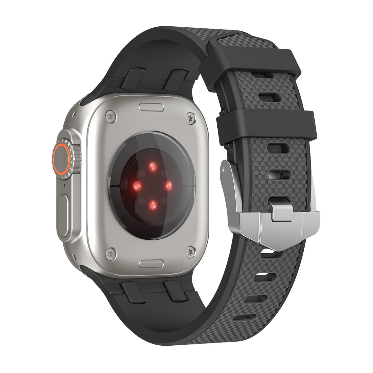 Bracelet Apple Watch noir en silicone texturé, boucle argentée ajustable, capteurs visibles dessous du boîtier gris.
