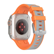 Bracelet silicone orange et gris pour Apple Watch, boucle ardillon en métal, ajustable, résistant à l'eau.