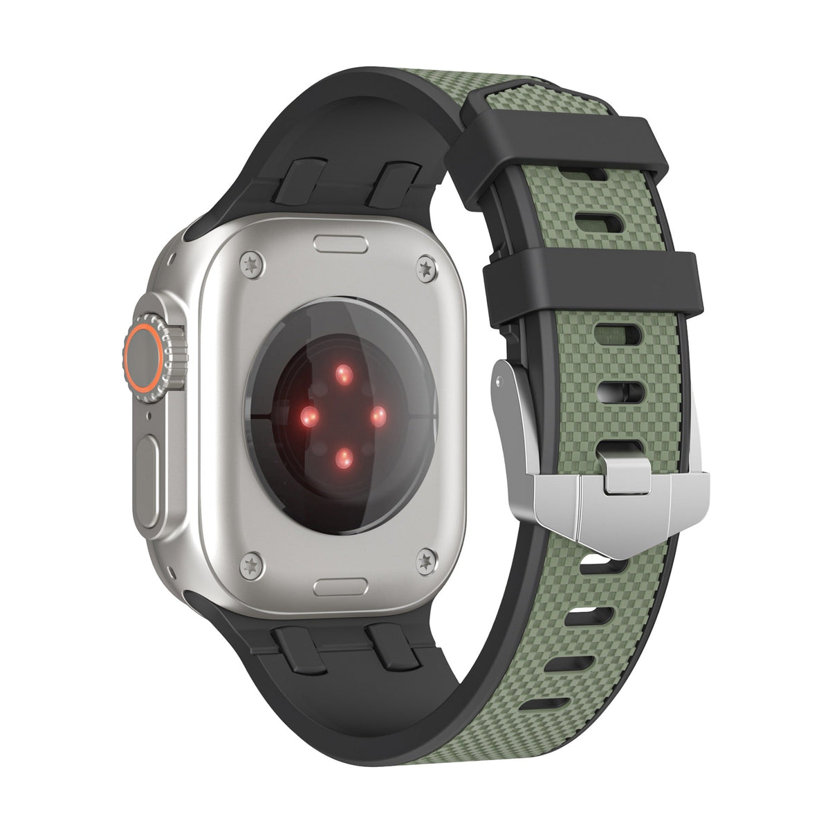 Bracelet silicone vert kaki et noir ajustable pour Apple Watch, modèle Gox, ultra résistant et étanche.