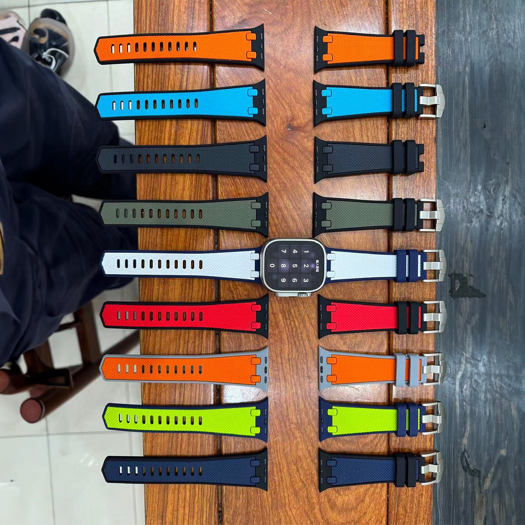 Bracelet silicone ajustable multi-couleurs pour Apple Watch, styles variés et résistants à l'eau.