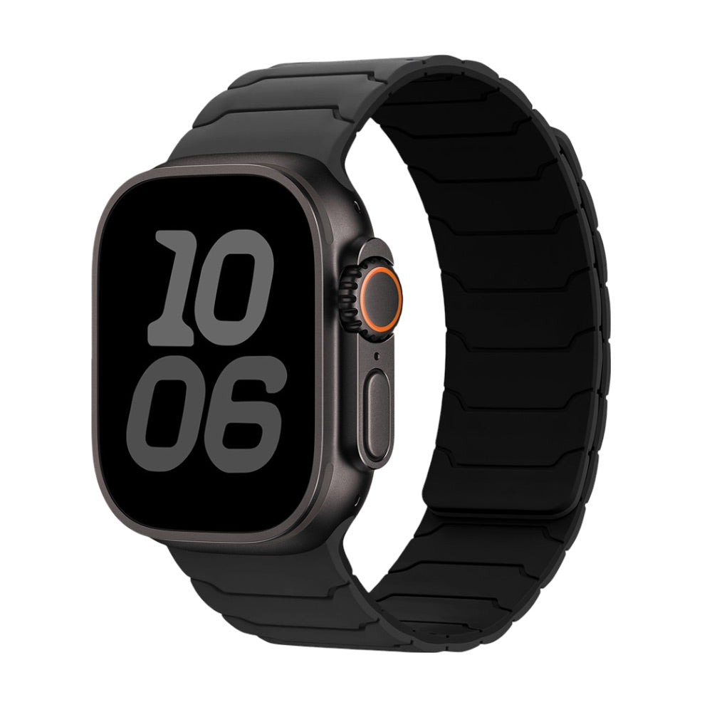 Bracelet en silicone noir magnétique pour Apple Watch, design pro, ajustable, modèle Moss.