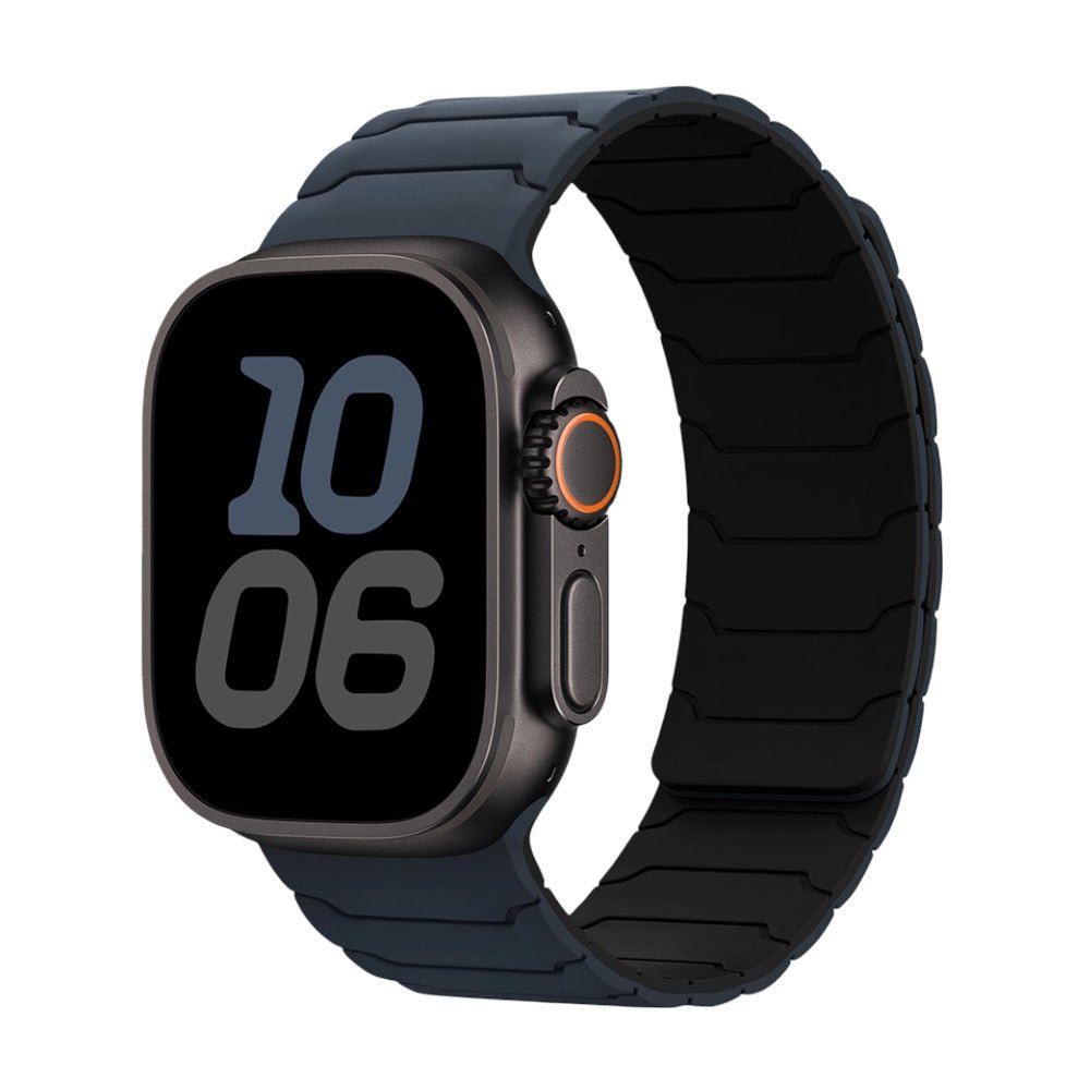 Bracelet silicone magnétique noir mat, ajustable pour Apple Watch, design pro et robuste.