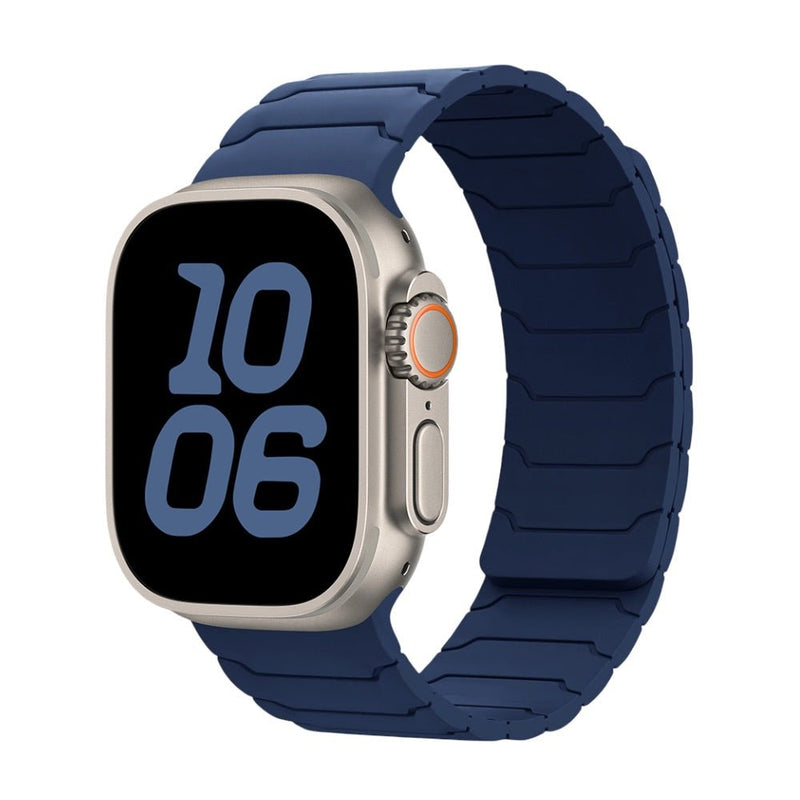 Bracelet magnétique en silicone bleu nuit pour Apple Watch, design pro, ajustable.