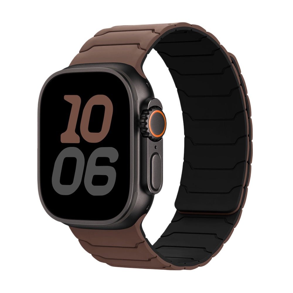 Bracelet en silicone marron et noir, magnétique, ajustable, pour Apple Watch modele Moss.