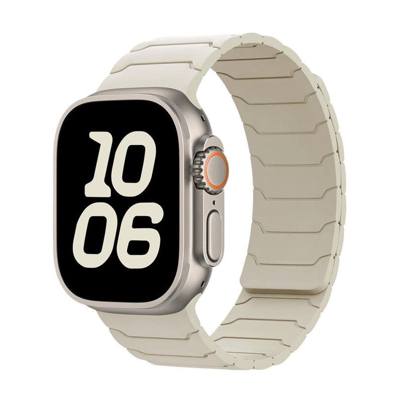 Bracelet Apple Watch en silicone ajustable blanc cassé, design pro magnétique, modèle Moss.