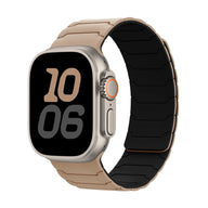 Bracelet en silicone kaki ajustable pour Apple Watch, intérieur noir, design magnétique pro.