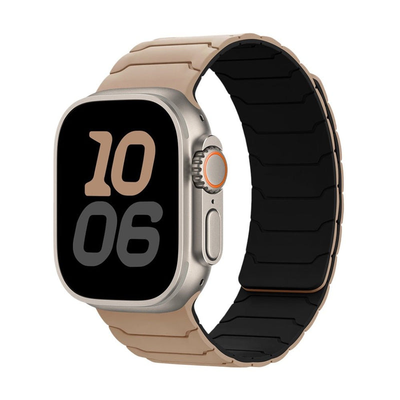 Bracelet en silicone kaki ajustable pour Apple Watch, intérieur noir, design magnétique pro.