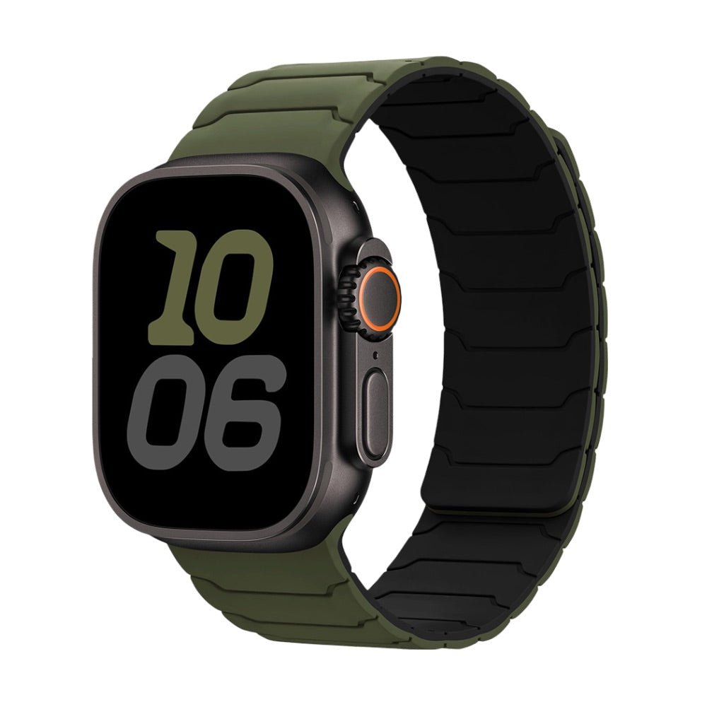 Bracelet silicone magnétique kaki et noir, design professionnel, ajustable pour Apple Watch.