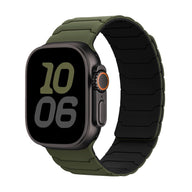 Bracelet silicone magnétique kaki et noir, design professionnel, ajustable pour Apple Watch.