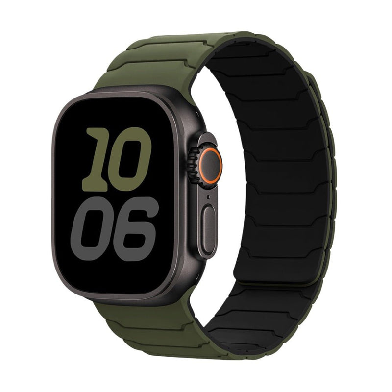 Bracelet silicone magnétique kaki et noir, design professionnel, ajustable pour Apple Watch.