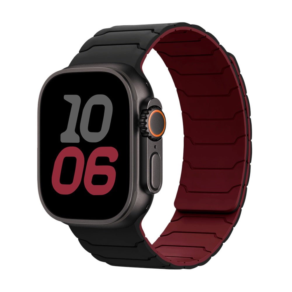 Bracelet magnétique silicone noir extérieur et rouge intérieur pour Apple Watch, design ajustable pro.