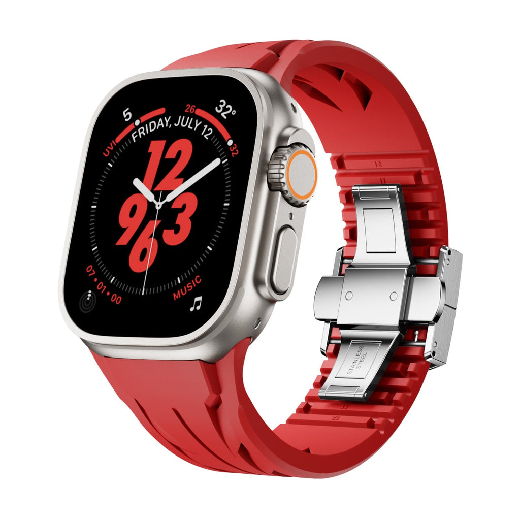 Bracelet silicone rouge avec fermoir papillon en acier, ajustable pour Apple Watch.