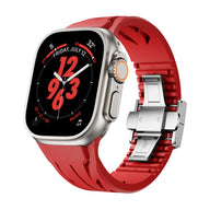 Bracelet silicone rouge avec fermoir papillon en acier, ajustable pour Apple Watch.