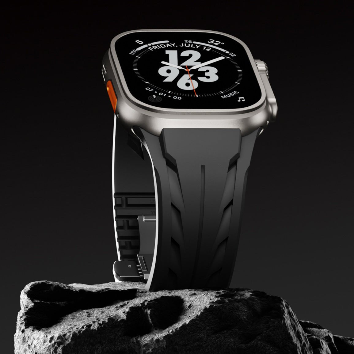 Bracelet en silicone noir avec détails argentés et fermeture papillon pour Apple Watch.