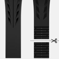 Bracelet en silicone noir pour Apple Watch avec détails texturés et fermeture papillon ajustable.