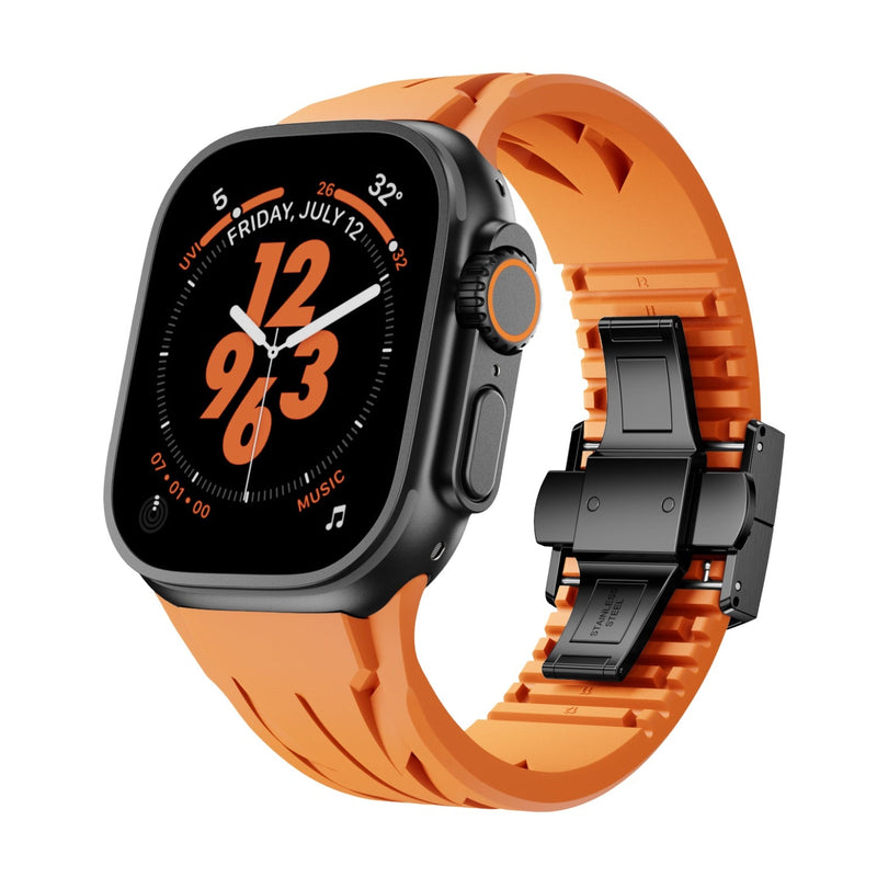 Bracelet silicone orange avec fermoir papillon noir pour Apple Watch, style ajustable.