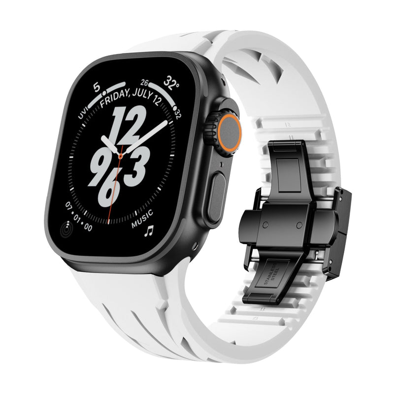 Bracelet silicone blanc avec fermeture papillon noire pour Apple Watch, ajustable, modèle Luv.