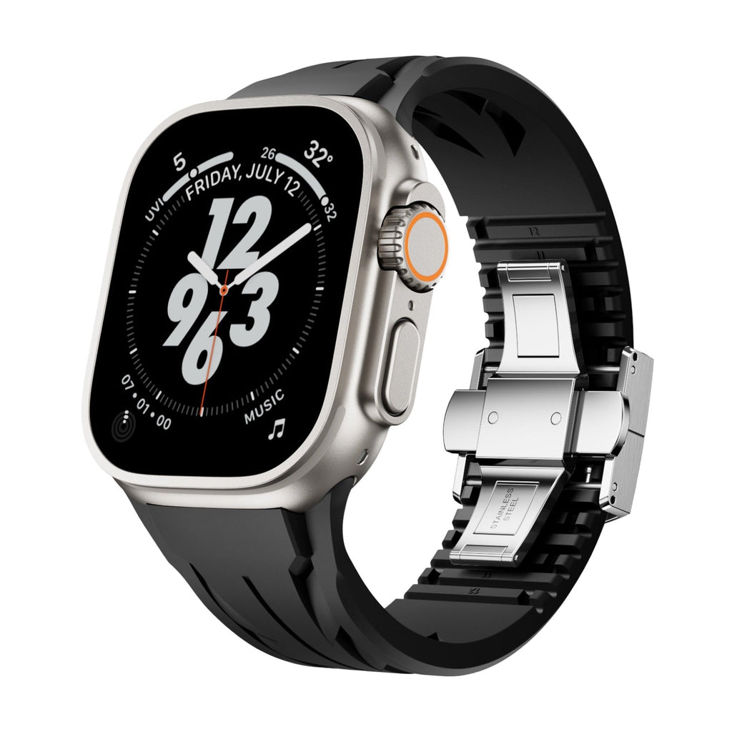Bracelet noir en silicone pour Apple Watch avec fermeture papillon argentée ajustable, modèle Luv, taille 38-42 mm.