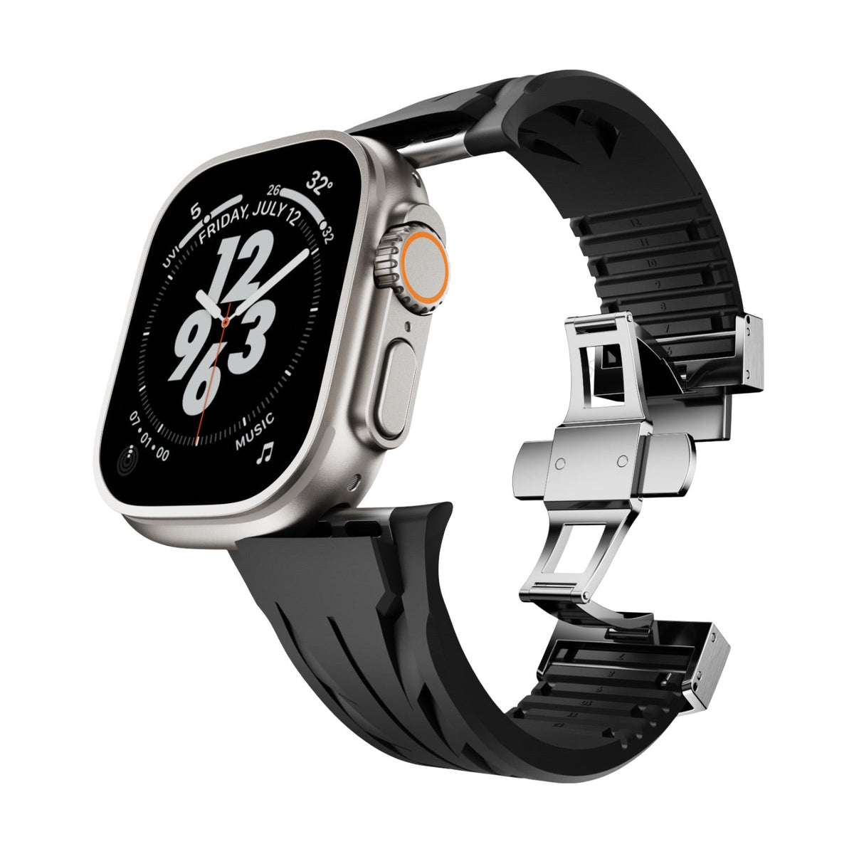 Bracelet silicone noir ajustable avec fermeture papillon argentée pour Apple Watch.