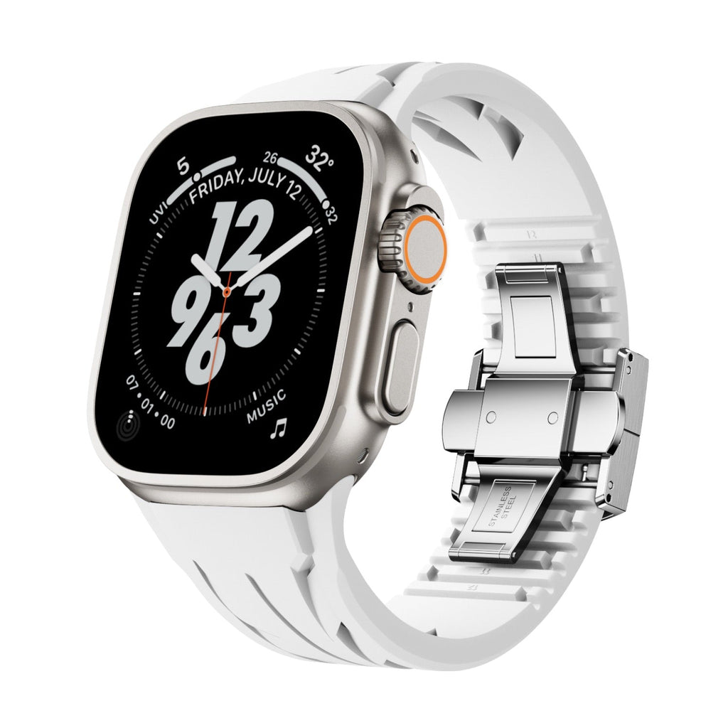 Bracelet en silicone blanc ajustable avec fermeture papillon argentée pour Apple Watch.
