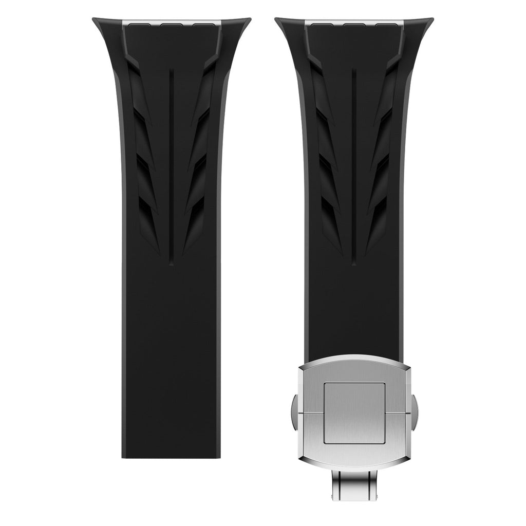 Bracelet Apple Watch en silicone noir avec fermeture papillon argentée ajustable.