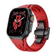 Bracelet rouge pour Apple Watch en silicone, fermeture papillon noire, ajustable.