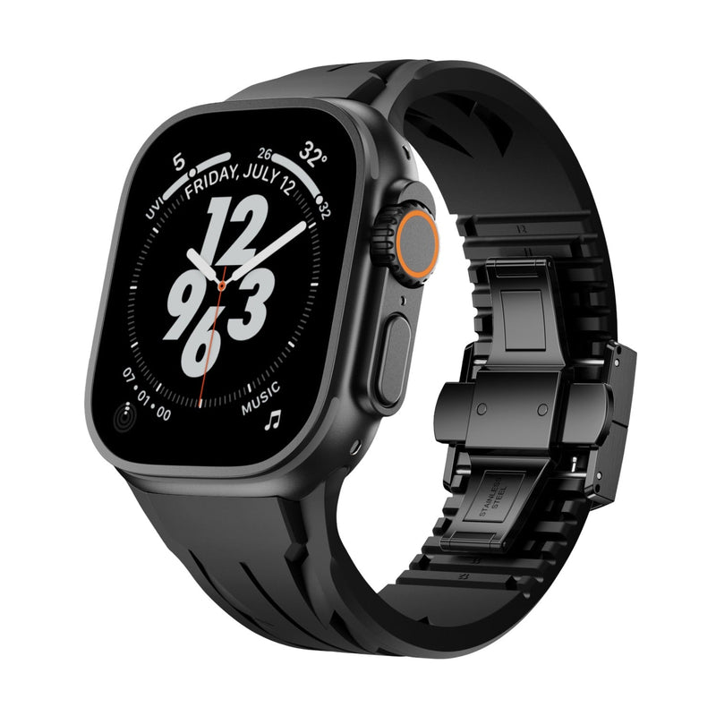 Bracelet en silicone noir pour Apple Watch avec fermeture papillon ajustable, design robuste et moderne.