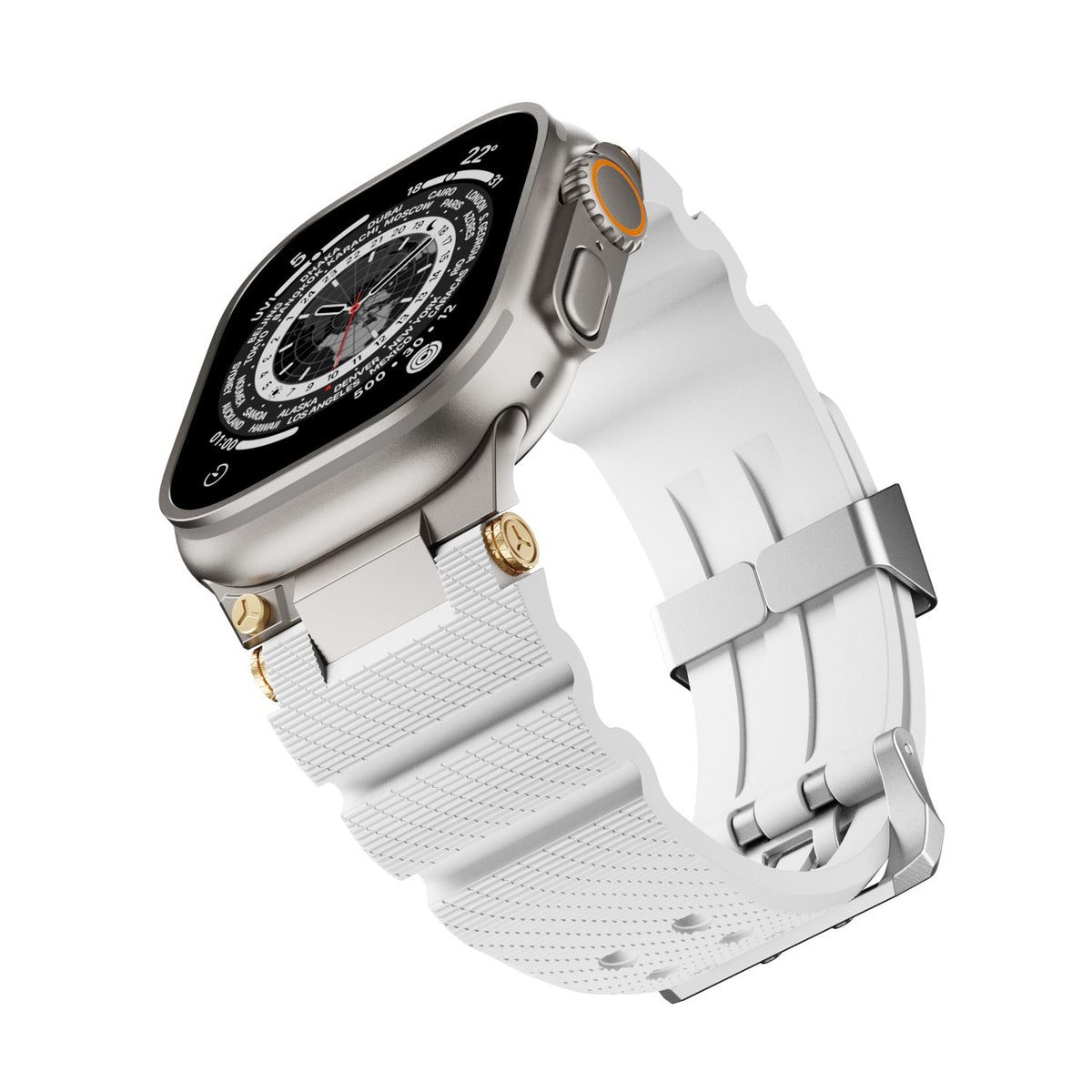 Bracelet silicone blanc avec double ardillon argenté et détails dorés pour Apple Watch.