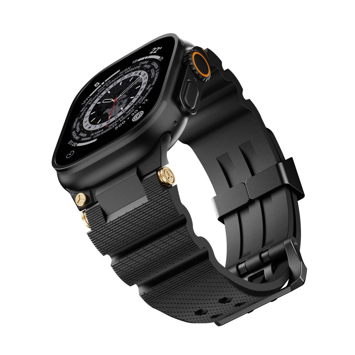 Bracelet en silicone noir avec double ardillon et attaches argentées pour Apple Watch.