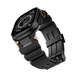 Bracelet en silicone noir avec double ardillon et attaches argentées pour Apple Watch.