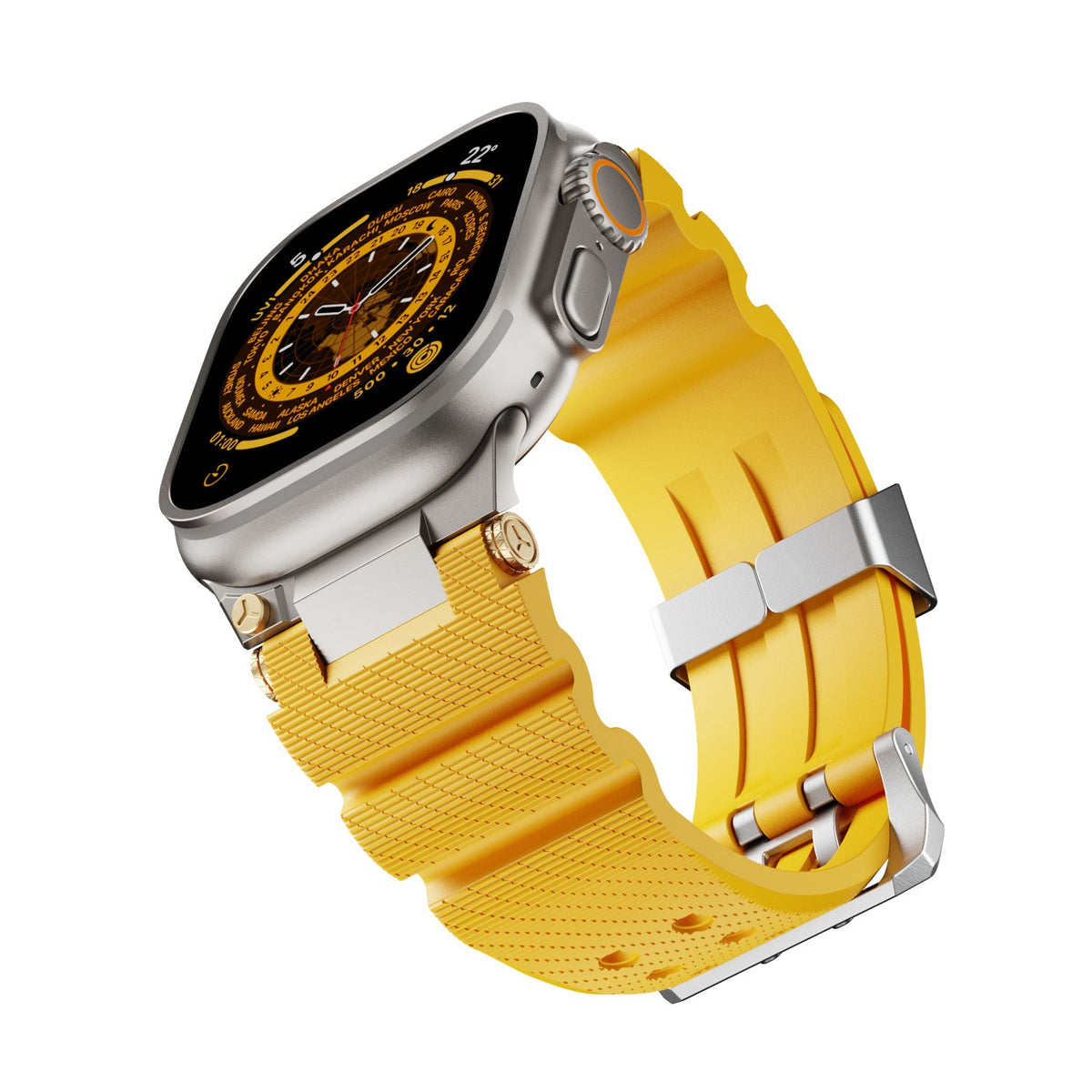 Bracelet silicone jaune avec double ardillon argenté pour Apple Watch gris acier.