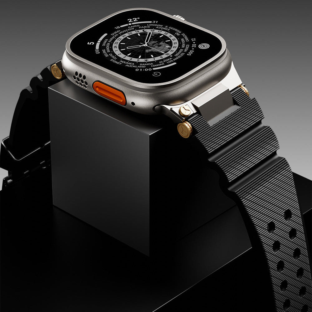 Bracelet en silicone noir texturé avec double ardillon en argent pour Apple Watch, style Dino.