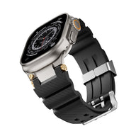 Bracelet silicone noir à double ardillon pour Apple Watch, attaches argentées robustes, modèle Dino.