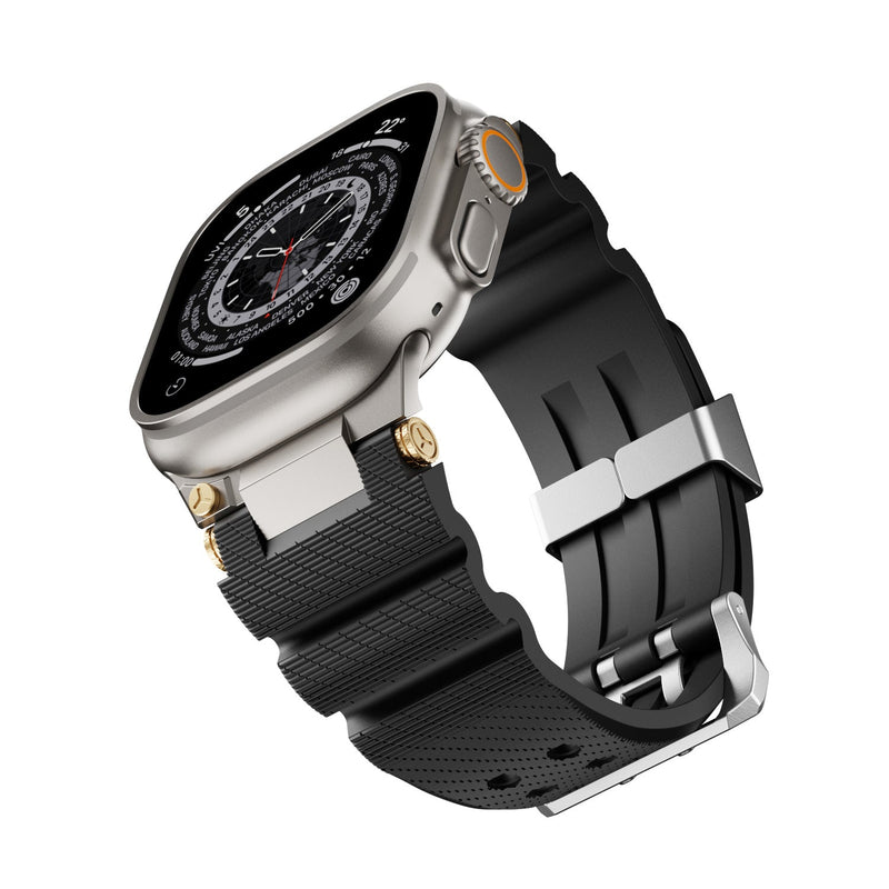 Bracelet silicone noir à double ardillon pour Apple Watch, attaches argentées robustes, modèle Dino.