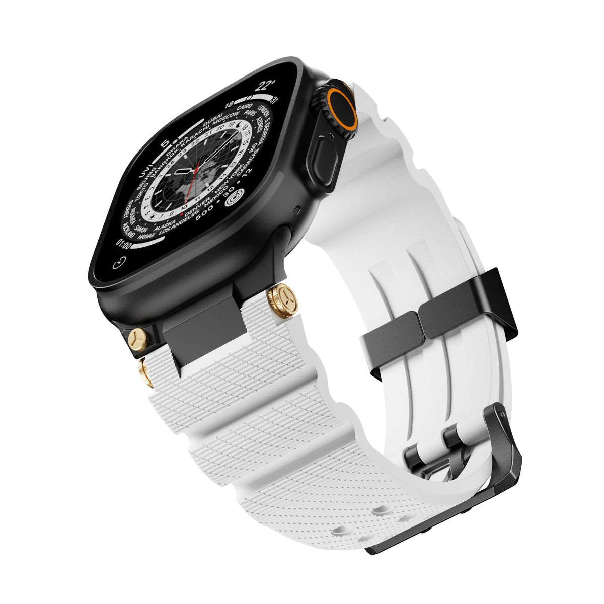 Bracelet en silicone blanc avec boucle double ardillon noire et détails argentés pour Apple Watch.