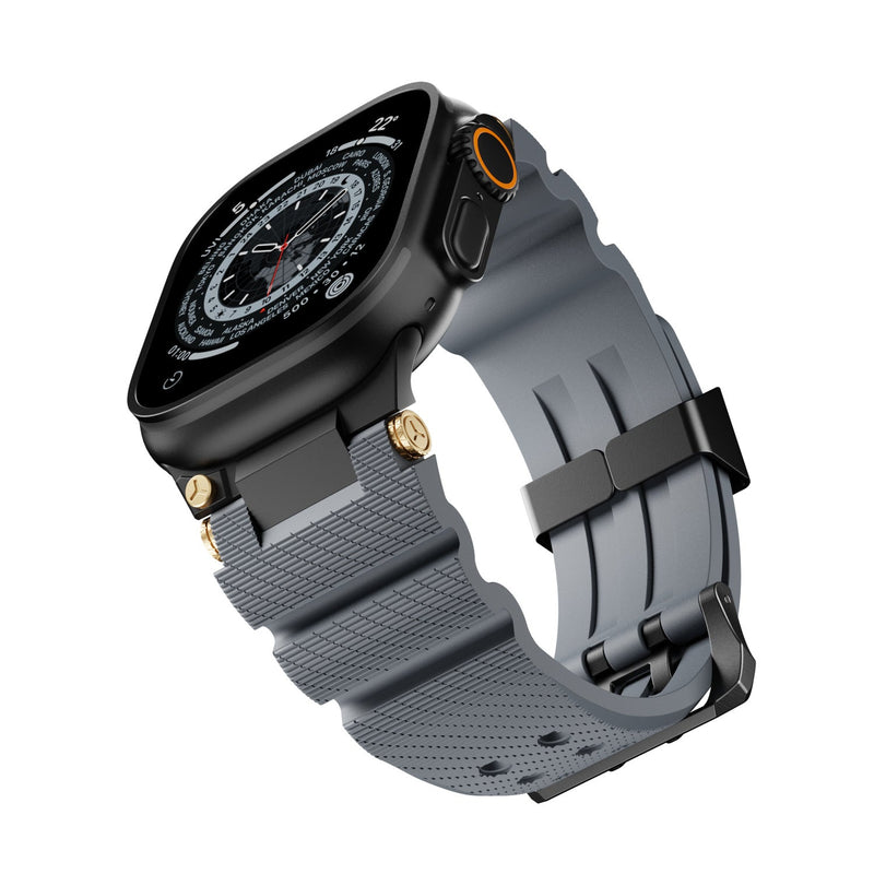 Bracelet en silicone gris foncé à double ardillon pour Apple Watch avec boucle noire robuste.