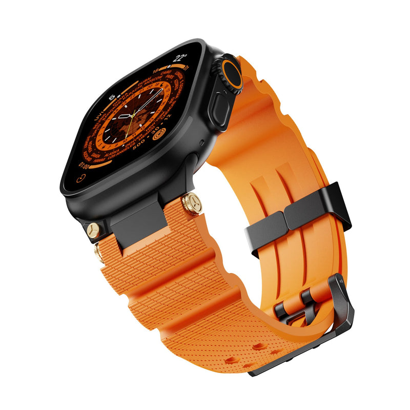 Bracelet silicone orange et noir ajustable avec double ardillon pour Apple Watch.