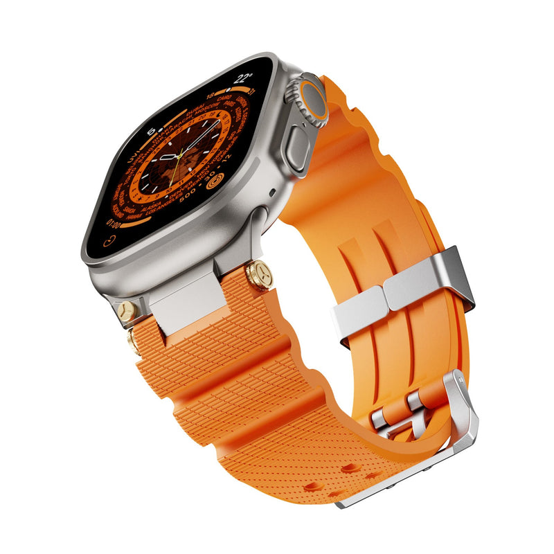 Bracelet en silicone orange vif avec double ardillon argenté pour Apple Watch.