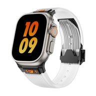 Bracelet en silicone transparent blanc avec boucle noire et détails orange pour Apple Watch.