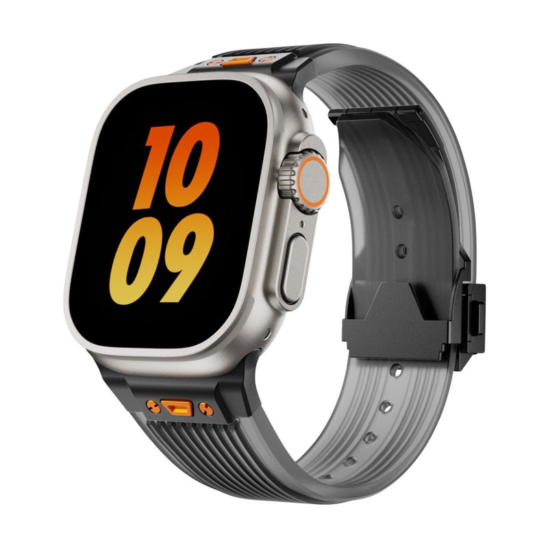 Bracelet silicone gris et noir ajustable pour Apple Watch avec boucle noire, style sport et résistant.