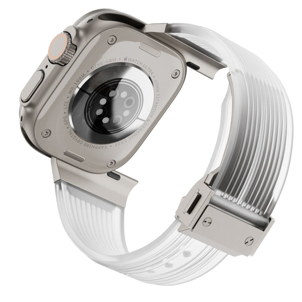 Bracelet en silicone transparent blanc pour Apple Watch avec boucle ajustable argentée.