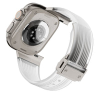 Bracelet en silicone transparent blanc pour Apple Watch avec boucle ajustable argentée.