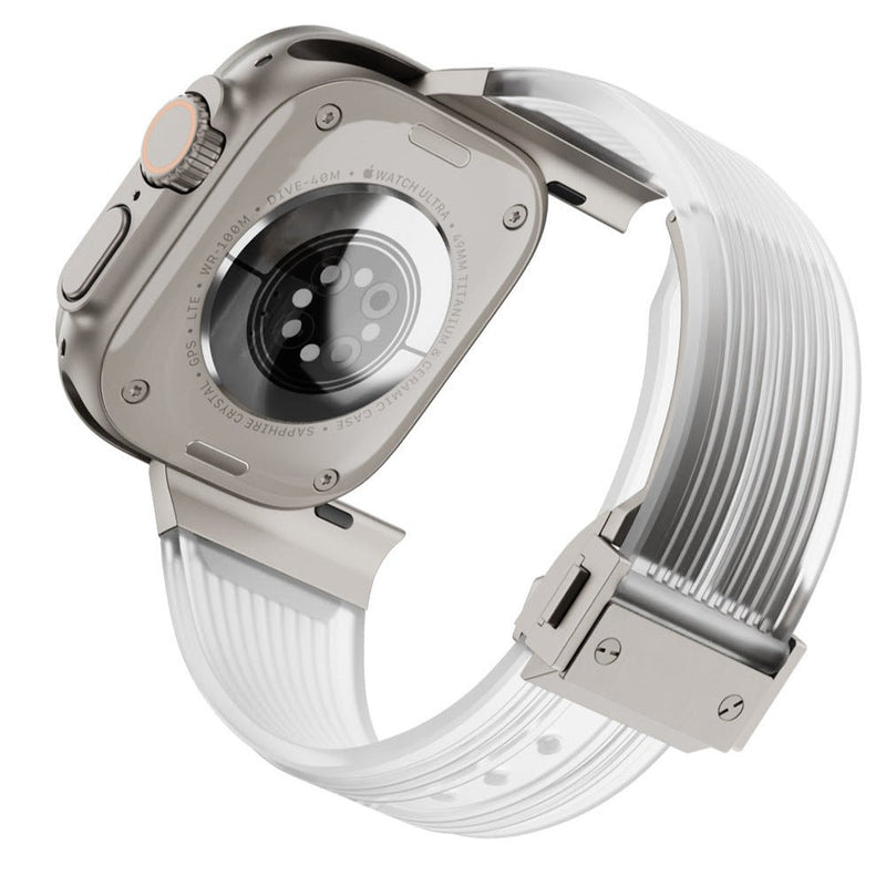 Bracelet en silicone transparent blanc pour Apple Watch avec boucle ajustable argentée.