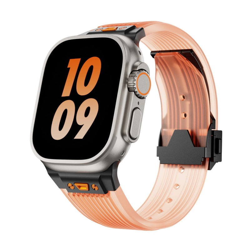 Bracelet en silicone transparent orange avec boucle noire pour Apple Watch, modèle Cristo.